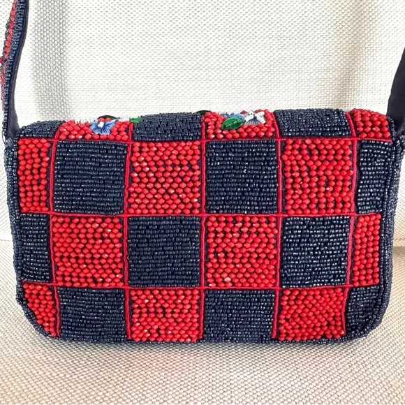ANTHROPOLOGIE NWT The Fiona Beaded Checkered Floral Shoulder Bag Red Navy - Picture 5 of 8